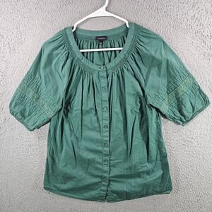 Talbots Womens Green Cotton Smocked Lace Puff Sleeve Button Front Blouse Small